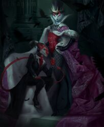 2boys anthro avian avian_humanoid bird blitzo_(helluva_boss) cigarette crown demon demon_horns demon_tail femboy gloves height_difference helluva_boss hooves imp male male_only mintwo owl realistic red_body red_eyes red_skin sfw size_difference smoking stolas_(helluva_boss) tail yaoi