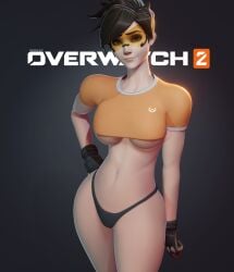 1girls 3d breadblack breasts brown_hair female female_focus female_only gloves light-skinned_female light_skin looking_at_viewer mostly_nude navel no_bra overwatch overwatch_2 pale-skinned_female pale_skin short_hair simple_background solo solo_female solo_focus thick_thighs tinted_eyewear toned toned_belly toned_body toned_female toned_stomach tracer underboob visor wide_hips yellow-tinted_eyewear