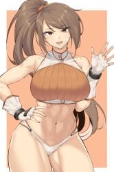 :d abs bandaid bandaid_on_cheek bandaid_on_face bandaid_on_shoulder bangs bare_shoulders border bracelet breasts brown_eyes brown_hair cowboy_shot dungeon_and_fighter female fighter_(dungeon_and_fighter) fingerless_gloves framed_breasts gloves hand_on_hip hand_up high_ponytail highres jewelry kook large_breasts long_hair looking_at_viewer midriff multiple_scars muscular_female navel open_mouth ponytail scar scar_on_arm scar_on_chest scar_on_hip sidelocks smile solo striker_(dungeon_and_fighter) swept_bangs thighs tomboy toned waving waving_at_viewer white_border white_gloves