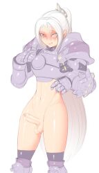 1futa aged_down armor blush bottomless clothed clothing cum feet_out_of_frame futanari futanarization genderswap_(mtf) hands_up human light_skin long_hair male_to_futa navel necrosmos overwatch overwatch_2 partially_clothed penis pink_eyes ponytail red_eyes reinhardt rule_63 scar scar_across_eye simple_background solo standing testicles very_long_hair white_background white_hair younger