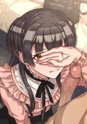 1boy bag bangs black_hair black_ribbon black_skirt blush brown_eyes censored covering_eyes erection erere female fingernails identity_censor idolmaster idolmaster_shiny_colors imminent_fellatio indoors kneeling long_fingernails long_hair long_sleeves mayuzumi_fuyuko mosaic_censoring neck_ribbon parted_lips penis pink_shirt ribbon school_bag shirt skirt suspenders sweatdrop two_side_up