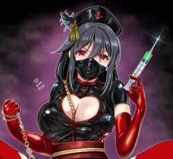 black_hair breast_window breasts chains dominatrix face_mask female femdom gloves hat kantai_collection large_breasts latex long_hair mask needle nurse nurse_cap nurse_uniform red_eyes syringe tk8d32 yamashiro_(kantai_collection)