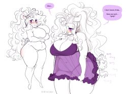 1girl 1girls animal_ears animal_humanoid animal_nose bbw belly belly_button belly_overhang big_belly big_breasts blush blushing breasts canid canid_humanoid curly_hair dog_girl ears embarrassed english english_text female female_only fluffy_hair fluffy_tail furry_ears hair hair_fetish hair_over_one_eye holding_belly large_breasts long_hair mythiilewdii nightgown plump ponytail purple_eyes solo solo_female solo_focus underwear very_long_hair wagging_tail white_background white_fur