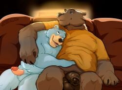 absurd_res anthro anthro_only badger balls bottomless clothed clothing cuddling duo foreskin genitals hi_res honey_badger male male/male male_only mammal misterstallion mustelid musteline penis romantic ursid