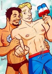 2boys artist_name avengers bara beard_stubble body_hair captain_america chris_evans dadbod dilf facial_hair gay goatee hairy_arms hairy_chest hairy_legs hairy_male hairy_stomach holding_partner human iron_man licking_lips looking_at_partner male male/male male_nipples male_only manly marvel marvel_cinematic_universe mature_male muscular_males mustache no_visible_genitalia panties popsicle randyslashtoons robert_downey_jr. steve_rogers swimming_trunks tony_stark