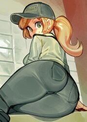 1girls ass ass_focus back back_view big_ass big_balls blonde_female blonde_hair cap earring earrings female female_only five_nights_at_freddy's five_nights_at_freddy's:_security_breach fnaf green_eyes hat huge_ass jeans larger_male looking_at_viewer looking_back on_floor ponytail scottgames security security_guard solo thick thick_ass thick_thighs thighs tight_clothing tight_pussy vanessa_(fnaf) wamudraws