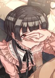 1boy bag bangs black_hair black_ribbon black_skirt blush brown_eyes censored covering_eyes erection erere fellatio female fingernails identity_censor idolmaster idolmaster_shiny_colors indoors kneeling long_fingernails long_hair long_sleeves mayuzumi_fuyuko mosaic_censoring neck_ribbon oral penis pink_shirt ribbon saliva school_bag shirt skirt suspenders sweatdrop two_side_up