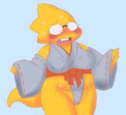 1girls 2d alphys anthro anthro_only aruput aruput_ut blush cameltoe chubby female female_only glasses humanoid lizard_girl lizard_humanoid mostly_nude partially_clothed solo tagme thick_thighs undertale undertale_(series) wardrobe_malfunction