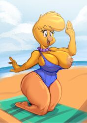 anthro avian beach beach_towel big_breasts binkie_muddlefoot bird breasts canary clothing curvaceous curvy_figure darkwing_duck disney exposed_breasts eyebrow_through_hair eyebrows eyelashes female finch furry gesture hair hi_res huge_breasts jewelry joelasko mature_female necklace nipples oscine passerine seaside solo swimwear thick_thighs towel translucent translucent_hair voluptuous wardrobe_malfunction waving