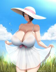 1girls 2022 5_fingers aqua_eyes artist_signature artist_website bakunyuu bangs bare_arms bare_shoulders big_breasts black_hair blue_eyes blue_sky breasts bursting_breasts cleavage clothing cloud cloudy_sky collarbone day daylight daytime deep_cleavage dress dress_hold enormous_breasts female female_focus full_cleavage fully_clothed grass green_grass hair_over_one_eye hat headwear hi_res high_resolution highres huge_breasts human lifting_dress looking_at_viewer massive_breasts one_eye_covered original original_character outdoors outside parted_lips saya_(twrlare) see-through_clothing see-through_dress see-through_silhouette short_hair skirt_hold sky sleeveless sleeveless_dress smile smiling_at_viewer solo solo_female standing sun_hat sundress top_heavy_breasts transparent_clothing twitter_username twrlare url voluptuous voluptuous_female white_dress white_hat white_headwear