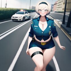 ai_generated blonde_hair blush cleavage danganronpa danganronpa_killer_killer grey_eyes headband huge_breasts large_breasts looking_at_viewer midriff misaki_asano n.c.b_ai nai_diffusion outdoors police_badge police_hat police_uniform policewoman road short_hair shorts stable_diffusion