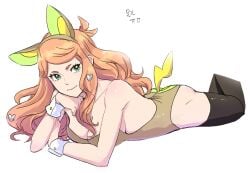 breasts brown_leotard cosplay fake_animal_ears fake_tail green_eyes hand_under_chin heart_hair_ornament laying_on_stomach leotard long_hair medium_breasts mehrdyd1212 nintendo orange_hair pokemon pokemon_(cosplay) pokemon_ss sonia_(pokemon) thighhighs wrist_cuffs yamper_(cosplay)