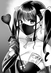 bow_in_hair breasts collar dominatrix earrings face_mask female gloves holding_riding_crop latex looking_at_viewer medium_breasts miginohito_mitsuru money money_in_cleavage riding_crop ring ring_(jewelry) twintails