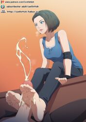 barefoot blue_eyes cum cum_on_feet ejaculation feet female foot_fetish foot_focus footjob jill_valentine jill_valentine_(sasha_zotova) penis resident_evil soles the_dark_mangaka toes