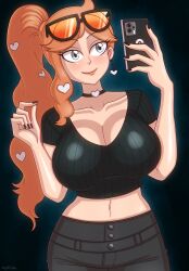 1girls beg4cake big_breasts black_shirt breasts choker cleavage female huge_breasts midriff nintendo orange_hair pants pokemon pokemon_ss ponytail selfie shirt smartphone smile sonia_(pokemon) sunglasses sunglasses_on_head