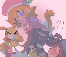 1girls 2boys ?! animal_tail ass black_fur blush crying embarrassed female female_focus furry ginger hat idoru klonoa klonoa_(series) laughing lolo_(klonoa) no_panties orange_hair pantyhose pink_background popka purple_eyes pussy ripped_pantyhose sharp_teeth shy surprised surprised_expression thighs