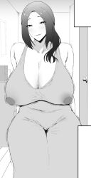 1girls bare_shoulders big_breasts black_and_white blush busty cleavage curvy dress erect_nipple erect_nipples eyelashes female female_only front_view human kurotama long_hair looking_at_viewer monochrome nipple_bulge original_character pose posingsolo sound_effect standing sweat text thick_thighs voluptuous wide_hips