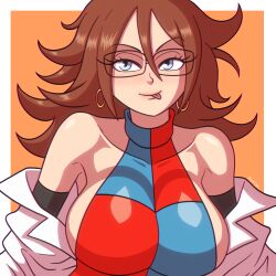 1girls android_21 android_21_(human) beg4cake blue_eyes brown_hair cartoony dragon_ball dragon_ball_fighterz dragon_ball_super dragon_ball_super_super_hero earrings female female_only glasses labcoat milf skirt solo taking_clothes_off tongue tongue_out vomi_(dragon_ball)