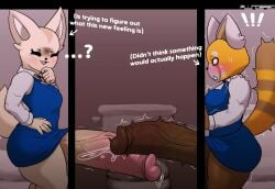 2022 2futas 5_fingers absurd_res aggressive_retsuko ailurid anthro balls big_penis blush bodily_fluids border businesswear canid canine clothed clothing dialogue digital_media_(artwork) duo english_text fennec fenneko fingers fox frottage ftg_crossgender fti_crossgender futa_on_futa futanari genital_fluids genitals glory_hole gynomorph gynomorph/gynomorph hand_on_hip hi_res huge_cock humanoid_genitalia humanoid_penis hyper hyper_genitalia hyper_penis intersex intersex/intersex mammal non-euclidean_border office_clothing office_lady penis penises_touching plundered precum question_mark red_panda retsuko sanrio sex shocked shocked_expression short_stack shortstack side_view smooth_fur surprise text thick_thighs toilet