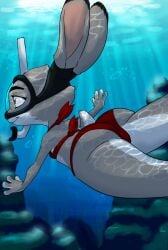 1girls 2017 akiric anthro ass bikini caustics dat_ass dipstick_ears disney eyewear female furry goggles judy_hopps lagomorph leporid light mammal multicolored_ears ocean rabbit rear_view red_bikini red_swimsuit sea smile snorkel solo sunlight swimming swimsuit swimwear underwater water zootopia