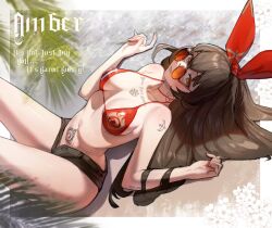 amber_(genshin_impact) amber_eyes bikini_top brown_hair bunny_ears english_text genshin_impact hymin_art postcard pubic_tattoo sunglasses sunglasses_on_head tattoos text unzipped_pants