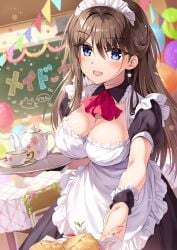 big_breasts blue_eyes boku_no_kanojo_sensei brown_hair cleavage female_focus female_only fujiki_maka maid maid_headdress maid_uniform oryou teacher