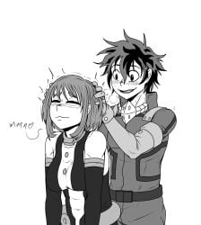 1boy 1girls blush closed_eyes couple couple_(romantic) cute female hair head_rub hero_outfit_(mha) izuku_midoriya izuku_midoriya_(hero_outfit) kiahl lobsterkiahl male midoriya_izuku midoriya_izuku_(hero_outfit) my_hero_academia ochako_uraraka ochako_uraraka_(hero_outfit) uraraka_ochako uraraka_ochako_(hero_outfit) white_background wholesome