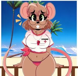 1girls anthro anthro_only beach big_breasts breasts brown_hair color female female_only fully_clothed glasses lifeguard looking_at_viewer navel round_glasses solo tail thick_thighs whistle wireless_shiba