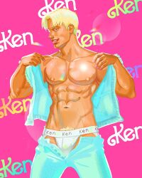 1boy barbie_(2023) barbie_(franchise) blonde blonde_mane bulge caucasian caucasian_male english_text jockstrap ken_carson looking_at_viewer male male_only mattel muscles muscular muscular_male open_shirt pants_down pants_unzipped pubes solo solo_male stephen_mcdermott text unzipped_pants