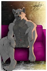 animal_genitalia anthro balls canid canine canis franklyfurry front_view fully_sheathed fur furniture genitals grey_body hi_res looking_at_viewer male mammal neck_tuft nude pyndan sheath sitting smile sofa solo tuft wolf