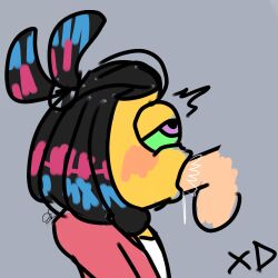 1male 2022 black_hair blowjob blushing cartoony clothed_sex doodle fellatio green_sclera light-skinned_male male_only multicolored_hair murch nintendo one_eye oral oral_penetration oral_sex simple_background splatoon splatoon_3 sucking tagme yellow_skin