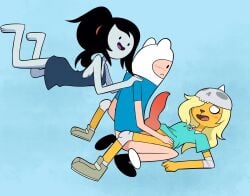 2020 adventure_time animal_genitalia animal_penis anthro black_hair blue_background blush bronwyn canid canine canine_penis cartoon_network clothed clothing clothing_lift erection female finn_the_human futa_is_bigger futa_sans_balls futanari genitals group gynomorph gynomorph/male hair hand_on_shoulder hi_res human human_on_anthro intersex intersex/male interspecies joshin knot long_hair lying male mammal marceline marceline_abadeer on_back open_mouth penis shirt shirt_lift side_view simple_background topwear trio vampire