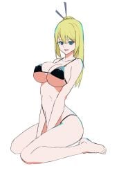 1girls big_breasts bikini black_bikini blonde_hair breasts busty cleavage feet female female_only green_eyes hair_bun hi_res kneeling large_breasts legs looking_at_viewer nancy_lee navel ninja_slayer smile solo solo_female swimsuit thighs thong_bikini underboob