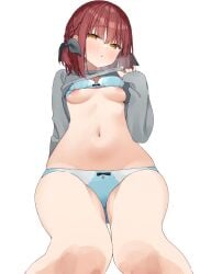 1girls blue_panties bra breasts_out looking_at_viewer muninshiki nipples red_hair short_hair small_breasts solo