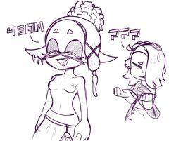 2d 2girls areolae breasts colorless deep_cut_(splatoon) female female_focus female_only frye_(splatoon) hexanne highres inkling inkling_language nintendo nipples no_color octoling one_eye_covered one_eye_obstructed shiver_(splatoon) splatoon splatoon_3 tagme text topless topless_female