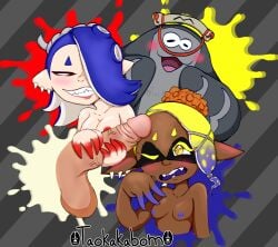 2boys 2girls big_man_(splatoon) cum cum_on_face cum_on_forehead dark-skinned_female dark_skin deep_cut_(splatoon) forehead frye_(splatoon) hair_over_one_eye holding_penis inkling inkling_girl light-skinned_female light_skin lipstick manta_ray octoling octoling_girl shiver_(splatoon) smiling splatoon splatoon_3 taokakabom wink