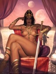 1girls a_princess_of_mars armwear barsoom big_breasts breasts casual dark-skinned_female dark_skin dejah_thoris exposed_torso female female_only john_carter_of_mars krysdecker legs_crossed legwear looking_at_viewer mars nudist solo solo_female solo_focus sword thick_thighs weapon