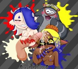 big_man_(splatoon) blonde_hair blue_hair breasts cum cum_on_face cum_on_forehead dark-skinned_female deep_cut_(splatoon) frye_(splatoon) inkling manta_ray nipples nude observing octoling pale-skinned_female penis red_eyes rubbing shiver_(splatoon) smug smug_expression smug_face splatoon splatoon_3 taokakabom threesome watching yellow_eyes