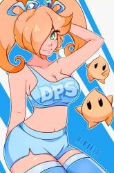 1girls alternate_hairstyle arm_behind_head artist_name big_breasts blonde_female blonde_hair breasts busty cleavage cresscin female female_only hair_over_one_eye highres large_breasts legs lipstick makeup mario_(series) midriff navel nintendo pose posing princess princess_rosalina skirt smile solo tank_top thick_thighs thighs twintails