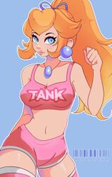 1girls arm_behind_back artist_name big_breasts blonde_female blonde_hair breasts busty cleavage cresscin female female_only hair_ribbon large_breasts legs lipstick makeup mario_(series) midriff navel nintendo parted_lips ponytail pose princess princess_peach ribbon shorts smile solo tank_top thick_thighs thighs