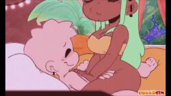 1boy 1girls 2022 animated cheebsin chip_(cheebster) cowgirl_position dark-skinned_female dark_skin detailed_background green_hair hips mint_(cheebster) mouth_open mp4 no_sound piercing vaginal_penetration video yellow_top