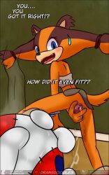 anthro badger bodily_fluids bottomless bottomwear clothed clothing duo female genital_fluids genitals hi_res kamperkiller_(artist) knuckles_the_echidna mammal mustelid musteline no_underwear presenting pussy pussy_juice pussy_juice_string sega skirt sonic_(series) sonic_boom sonic_the_hedgehog_(series) spread_pussy spreading sticks_the_badger sticks_the_jungle_badger sticks_the_tejon sweat sweatdrop tracking_device upskirt