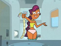 accurate_art_style canonical_scene dark-skinned_female dark_skin oblivious pants_down pink_panties purple_hair screencap sierra_(tdi) smile total_drama_island wardrobe_malfunction wide_hips