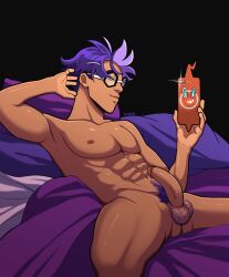 arms_behind_back boner erect_penis erection glasses hairy_balls hard_on jacq_(pokemon) laying_back male male_only melanin muscles muscular muscular_male pokemon pokemon_sv rotom_phone selfie spread_legs xyzbud zinnia_(pokemon_sv)