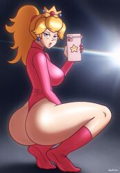 1girls ass bare_ass beg4cake big_ass big_breasts big_butt blonde_female breasts bubble_ass bubble_butt crown female_only huge_breasts huge_butt large_breasts large_butt mario_(series) nintendo pink_leotard pink_socks princess princess_peach royalty smartphone thick_thighs thunder_thighs wide_hips