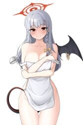 1girls absurdres apron bangs bat_wings black_wings blue_archive bow braid breasts cleavage closed_mouth collarbone cowboy_shot female gourmet_research_society_(blue_archive) grey_hair hairbow halo haruna_(blue_archive) highres hrna large_breasts long_hair looking_at_viewer naked_apron red_eyes side_braid simple_background single_wing smile solo strap_slip tail tease teasing teasing_viewer thigh_gap white_apron white_background wings yellow_bow