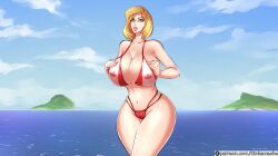 bikini blonde_hair canadian_flag canadian_flag_bikini grabbing_own_breast kinkamashe national_personification original_character red_bikini