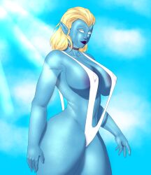 1girls big_ass big_breasts blonde_female blonde_hair blue_skin female female_only herak large_breasts large_penis milf monster_legends purple_lipstick purple_nipples queen_luthien sling_bikini solo solo_female visible_nipples white_eyes white_swimsuit yellow_hair