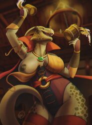 2022 alcohol anthro areola argonian armor bare_chest beer bethesda_softworks beverage breasts cape closed_eyes clothed clothing digital_media_(artwork) female green_body green_scales hi_res horn jewelry lizard nipples non-mammal_breasts one_breast_out reptile ronff scales scalie smile solo tavern the_elder_scrolls thick_tail thick_thighs video_games wide_hips