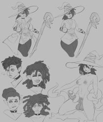 1futa areolae balls big_balls big_penis black_and_white breasts clothed clothing comission consensual_tentacles dark-skinned_futanari dreadlocks erection fully_clothed futa_only futanari human kneeling magic_staff nericurls nipples nude penis sketch sketch_commission sketch_page solo staff standing tentacle tentacle_sex witch witch_hat